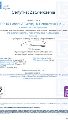 Certyfikat zatwierdzenia BRC